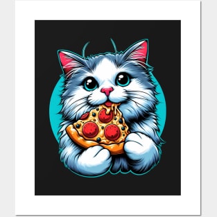 Cute Cat eating Pizza Posters and Art